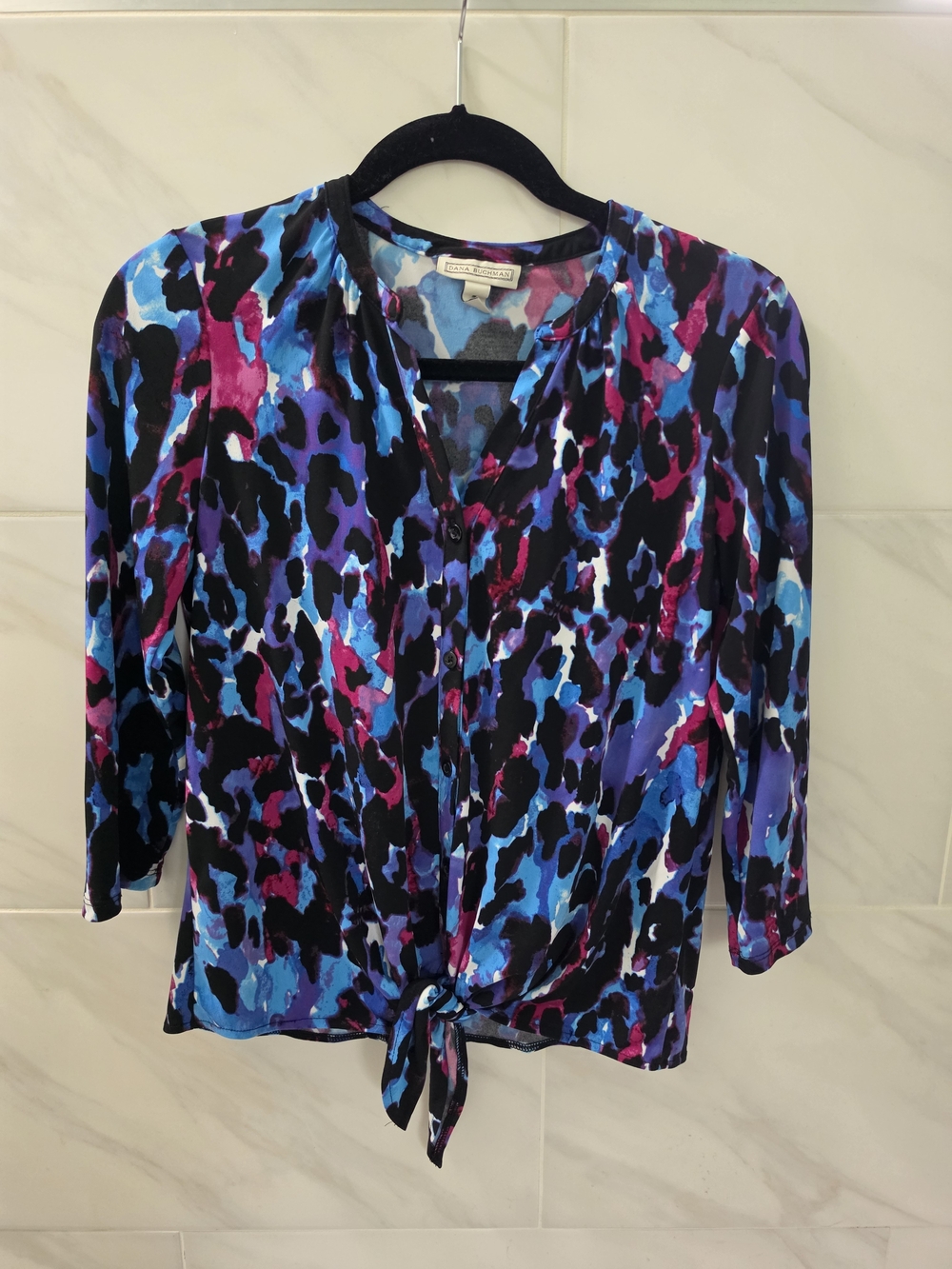 Dana Buchman Blue/Purple/Pink Animal Print Tie-Front Blouse